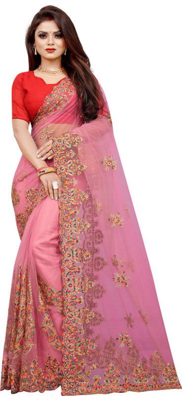 Embroidered Bollywood Net Saree  (Pink)