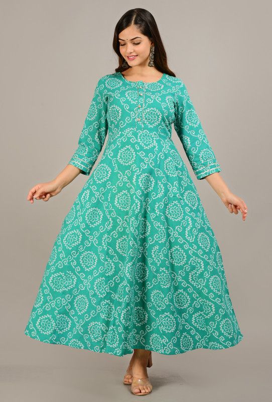 Printed Cotton Blend Stitched Anarkali Gown  (Green)
