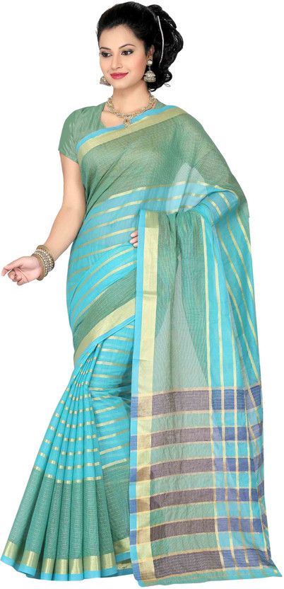 Striped Bollywood Cotton Blend Saree  (Blue)