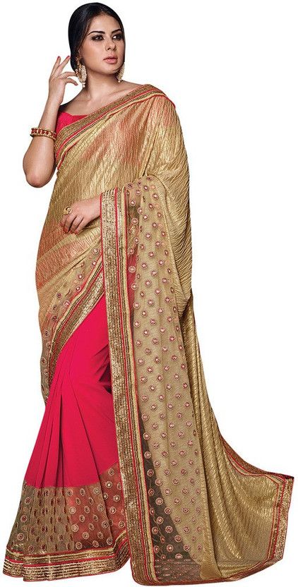 Embroidered Bollywood Georgette, Lycra Blend Saree  (Gold, Pink)