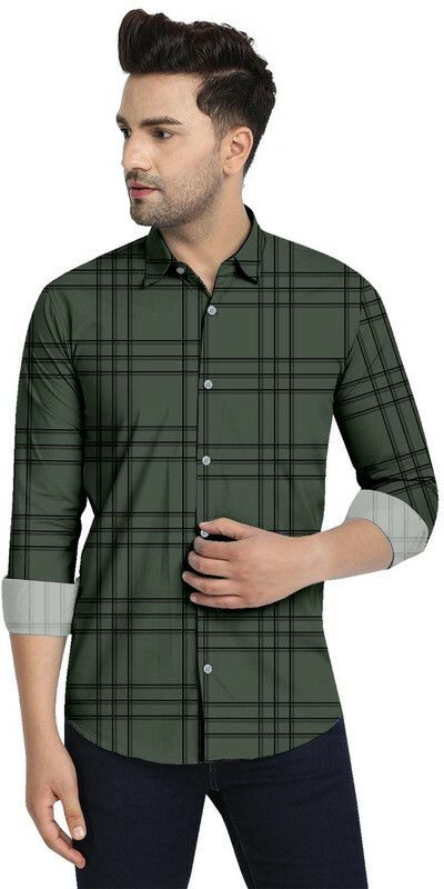 Men Checkered Formal Green Shirt