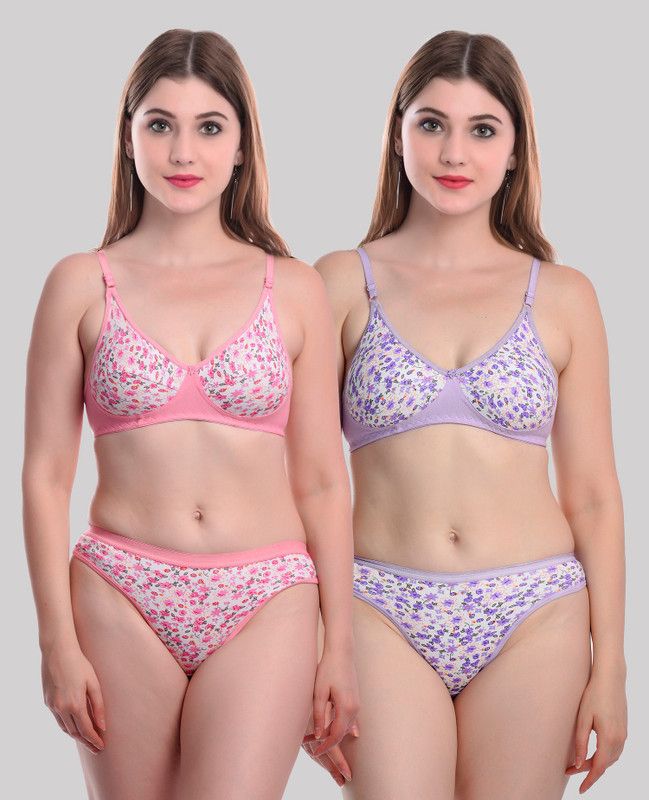 Bra & Panty Set Floral Print Pink, Purple Lingerie Set