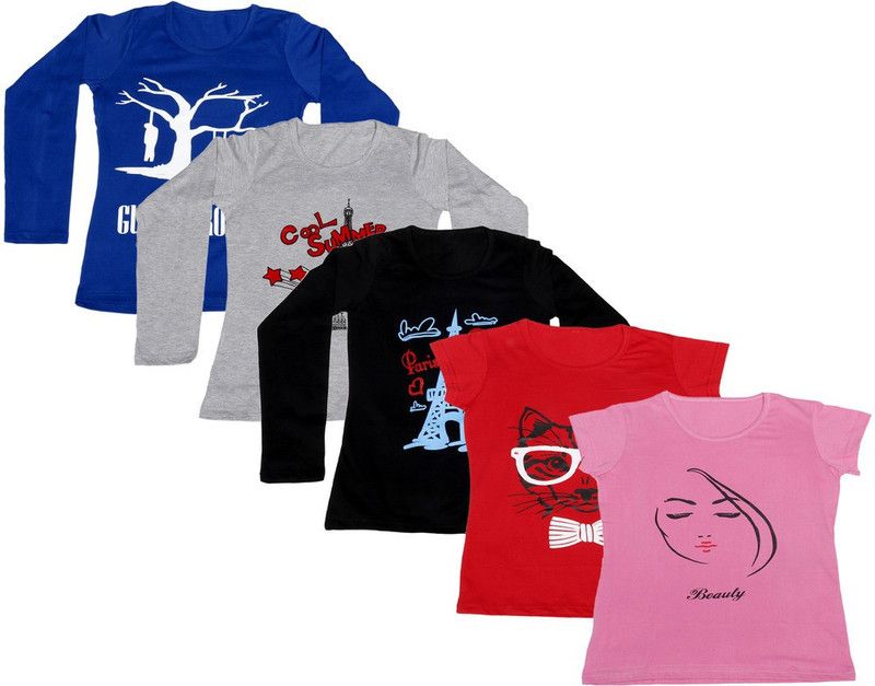 Pack of 5 Women Printed Round Neck Cotton Blend Red, Blue, Pink, Black, Grey T-Shirt