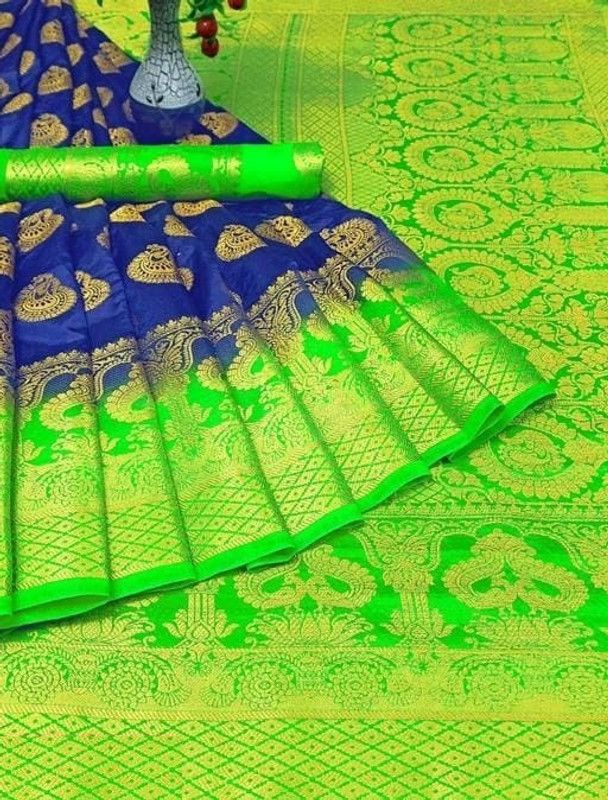 Kanjivaram Art Silk Saree  (Blue, Green)