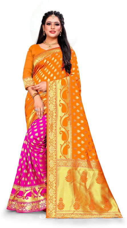 Woven Banarasi Jacquard, Pure Silk Saree  (Gold, Pink)