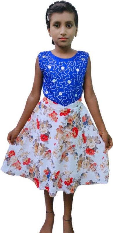 Girls Calf Length Casual Dress  (Blue, Sleeveless)
