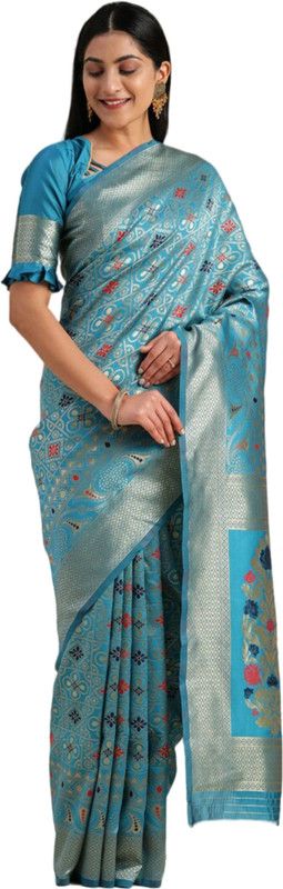 Woven Bandhani Jacquard Saree  (Blue)