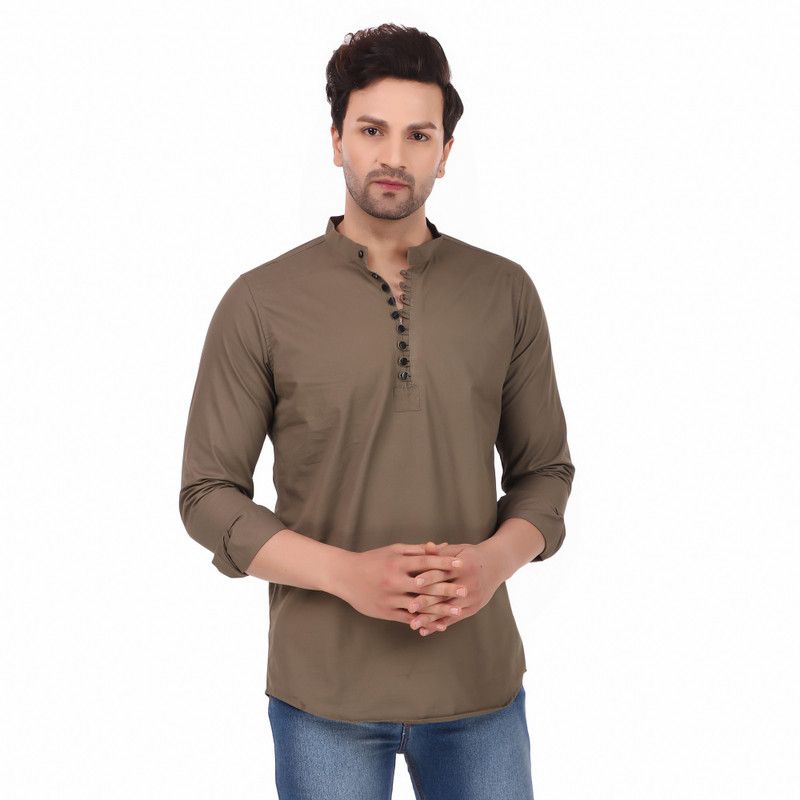Men Washed Cotton Blend Straight Kurta  (Brown)