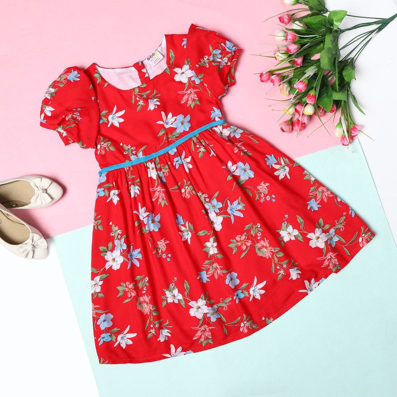 Girls Midi/Knee Length Casual Dress  (Red, Cap Sleeve)