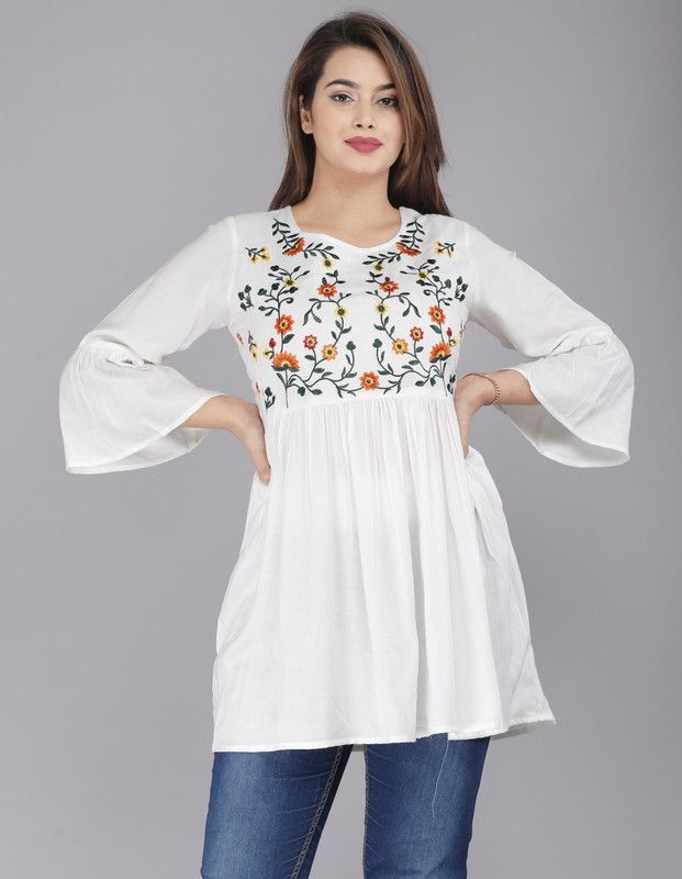 Casual Bell Sleeves Embroidered, Solid Women White Top