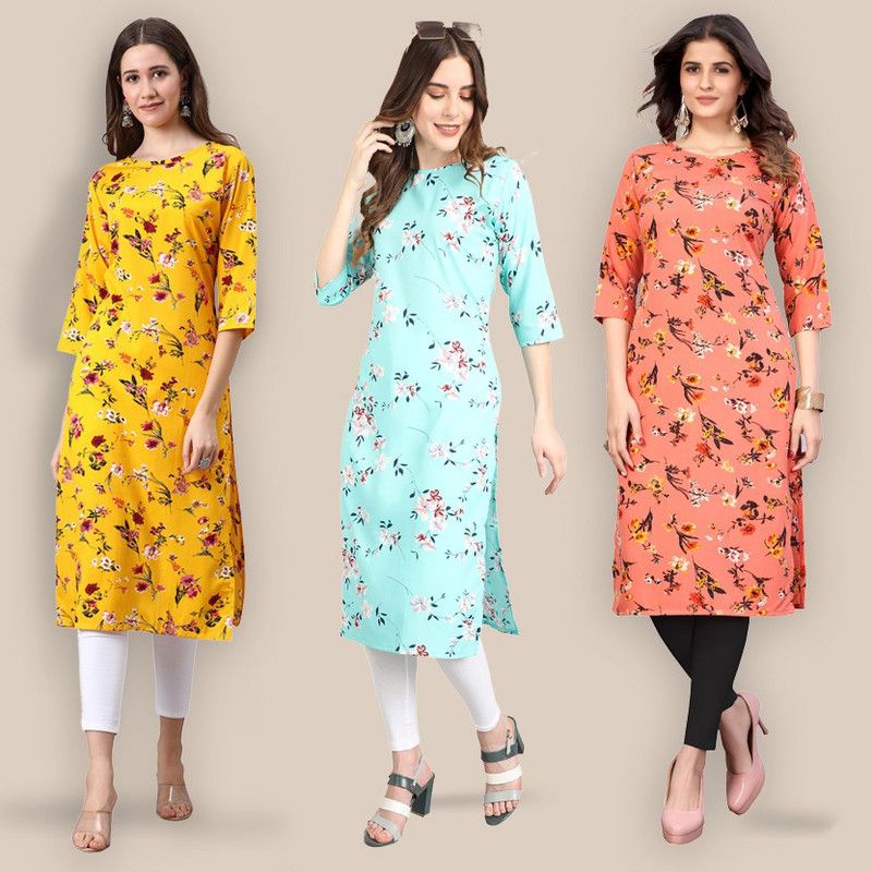 Pack of 3 Women Printed Crepe A-line Kurta  (Orange)