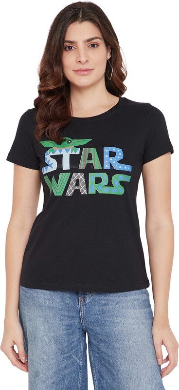 Star Wars Round Neck Short Sleeves Print Women Printed Round Neck Pure Cotton Black T-Shirt