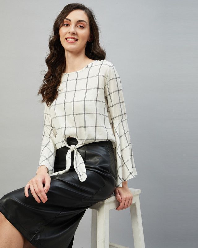 Casual Bell Sleeves Checkered Women White Top