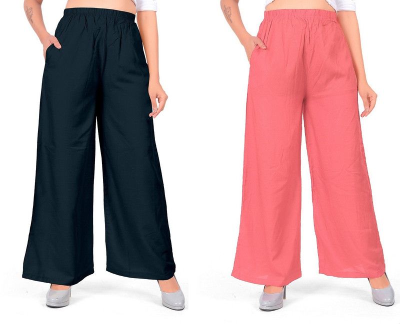 Pack of 2 Women Regular Fit Dark Blue, Pink Viscose Rayon Trousers