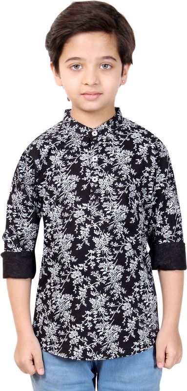 Boys Printed Kurta  (Black, White)