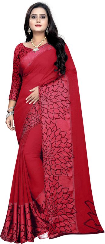 Printed Daily Wear Georgette, Satin Saree  (Red)