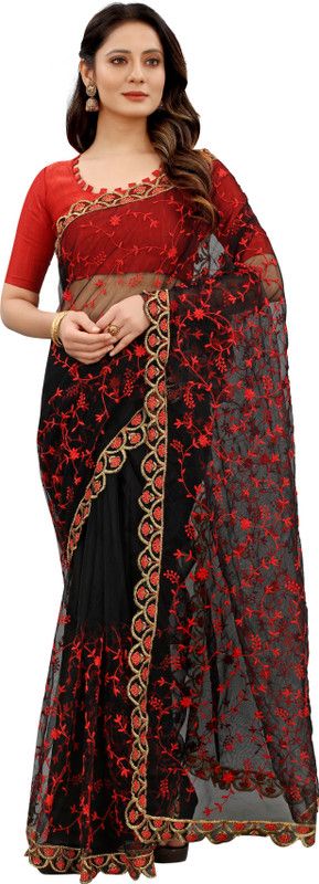 Embroidered Fashion Net Saree  (Black, Red)