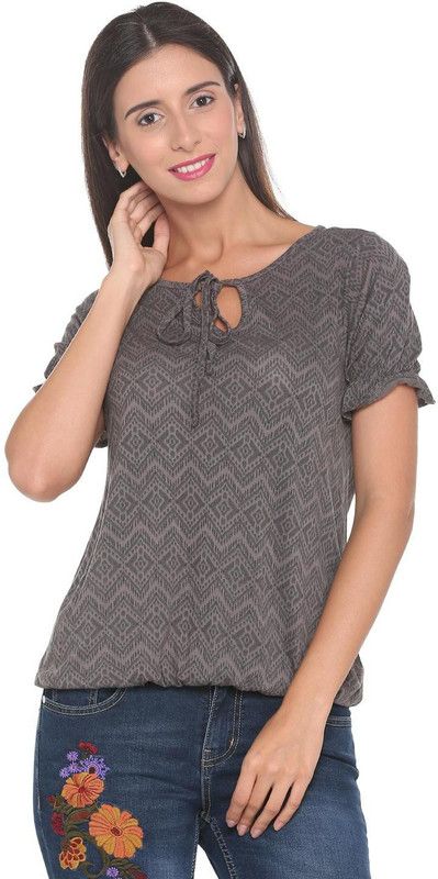 Casual Puff Sleeves Self Design Women Grey Top