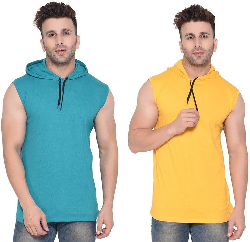 Pack of 2 Faizaan Men Solid Hooded Neck Cotton Blend Light Green, Yellow T-Shirt