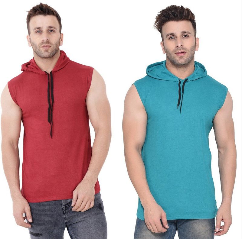 Pack of 2 Faizaan Men Solid Hooded Neck Cotton Blend Maroon, Light Green T-Shirt
