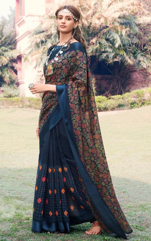 Floral Print Bollywood Linen Saree  (Dark Blue)