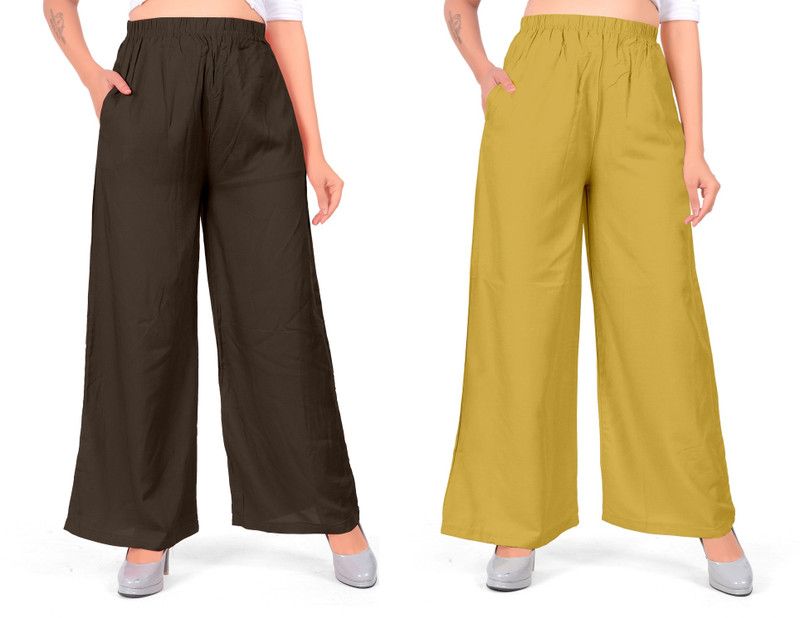 Pack of 2 Women Regular Fit Brown, Yellow Viscose Rayon Trousers