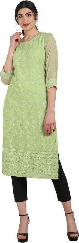Women Printed Georgette Straight Kurta  (Light Green)