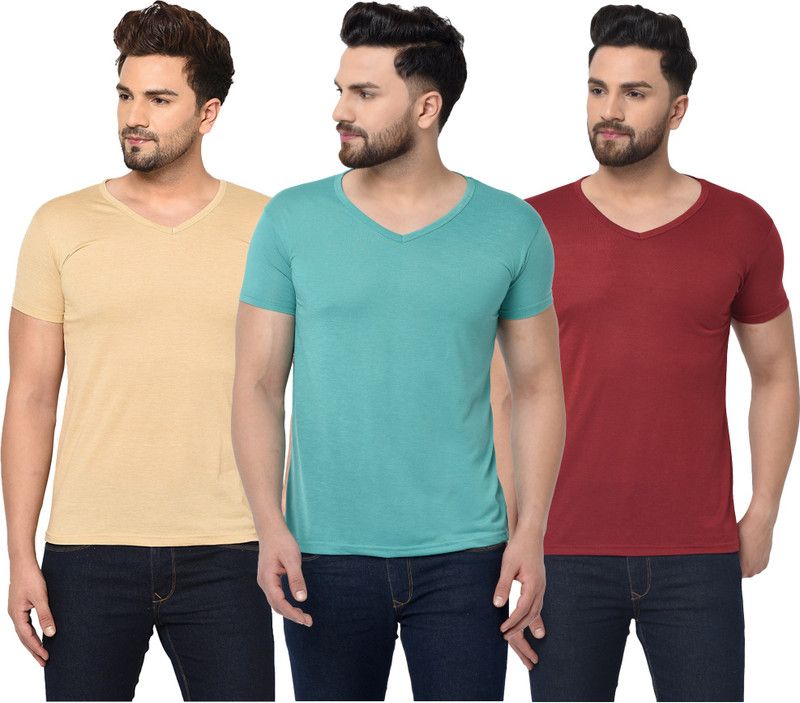 Pack of 3 Men Solid V Neck Cotton Blend Light Blue, Maroon, Beige T-Shirt