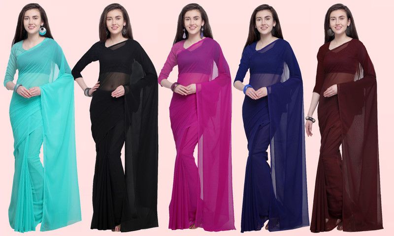 Solid, Plain Fashion Georgette Saree  (Pack of 5, Multicolor)