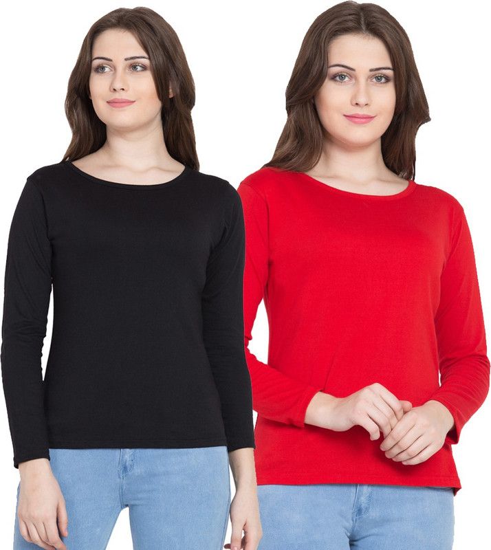 Pack of 2 Women Solid Boat Neck Cotton Blend Red, Black T-Shirt