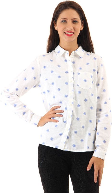 Casual Cuffed Sleeves Floral Print Women White, Blue Top