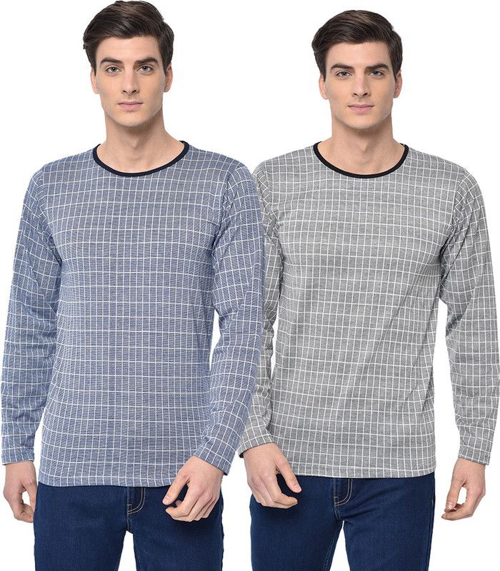 Pack of 2 Men Checkered Round Neck Cotton Blend Multicolor T-Shirt
