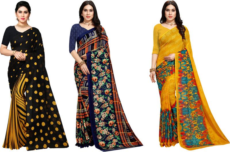 Printed Daily Wear Georgette Saree  (Pack of 3, Red, Green, Blue, Black, Yellow)