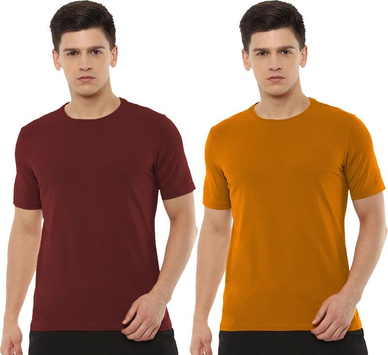 Pack of 2 Men Solid Round Neck Pure Cotton Maroon, Yellow T-Shirt