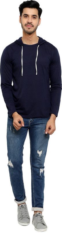 HMT Men Solid Hooded Neck Cotton Blend Dark Blue T-Shirt