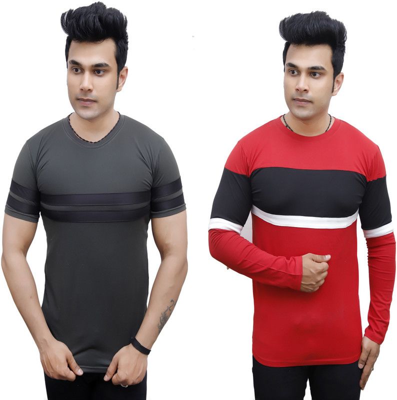 Pack of 2 Men Colorblock Round Neck Cotton Blend Red, Grey T-Shirt
