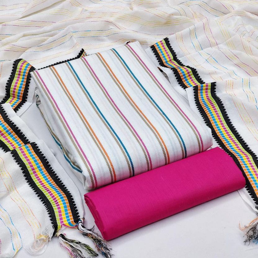 Unstitched Pure Cotton Kurta & Churidar Material Striped