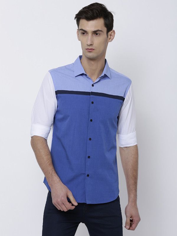 Men Slim Fit Color Block Cut Away Collar Casual Shirt