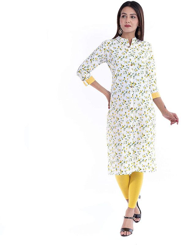 Women Floral Print Pure Cotton Straight Kurta  (White, Yellow)