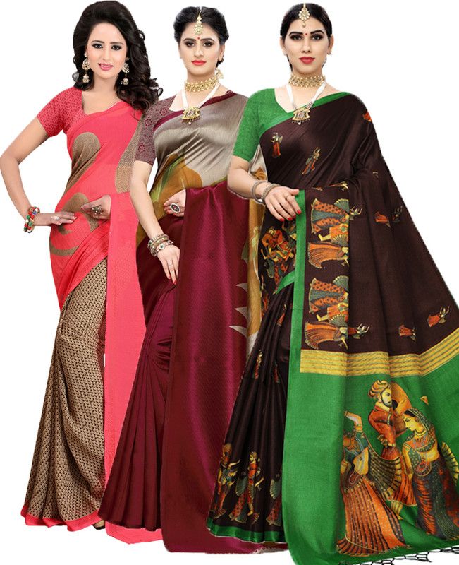 Printed Bollywood Georgette Saree  (Pack of 3, Red, Pink, Green)