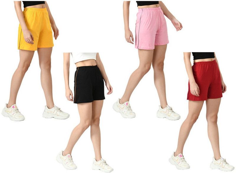 Pack of 4 Solid Women Brown, Black, Yellow Regular Shorts