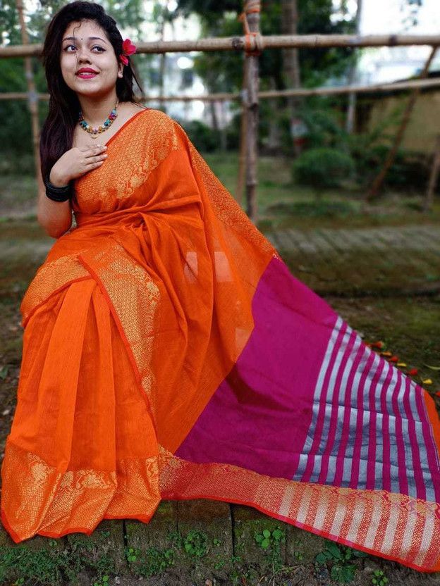 Self Design Bollywood Cotton Silk Saree  (Pink, Orange)