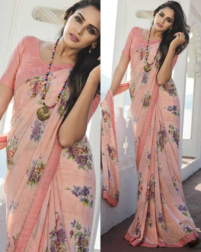 Printed Bollywood Georgette, Chiffon Saree  (Orange, Purple)