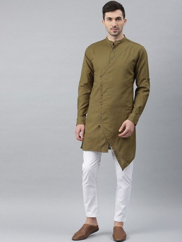 Men Solid Cotton Linen Trail Cut Kurta  (Green)