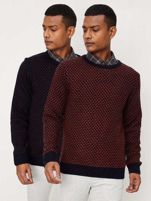Men Embroidered Round Neck Reversible Blue Sweater