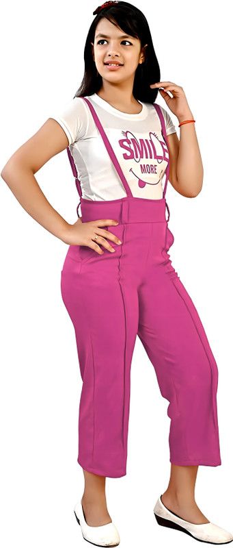 Dungaree For Girls Casual Printed Cotton Blend  (Pink, Pack of 1)