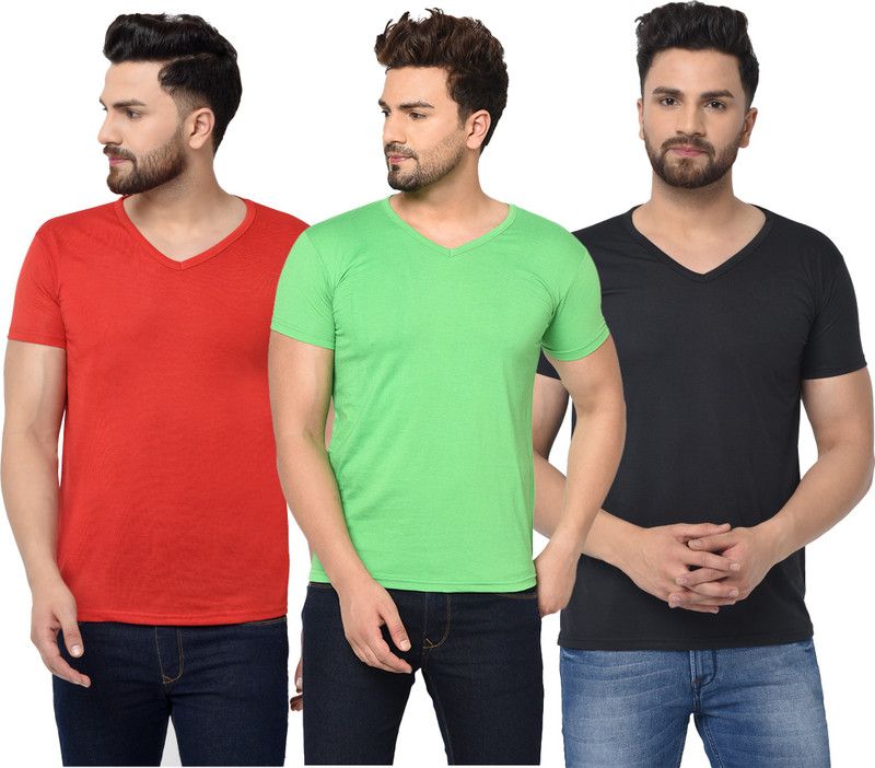 Pack of 3 Men Solid V Neck Cotton Blend Red, Green, Black T-Shirt