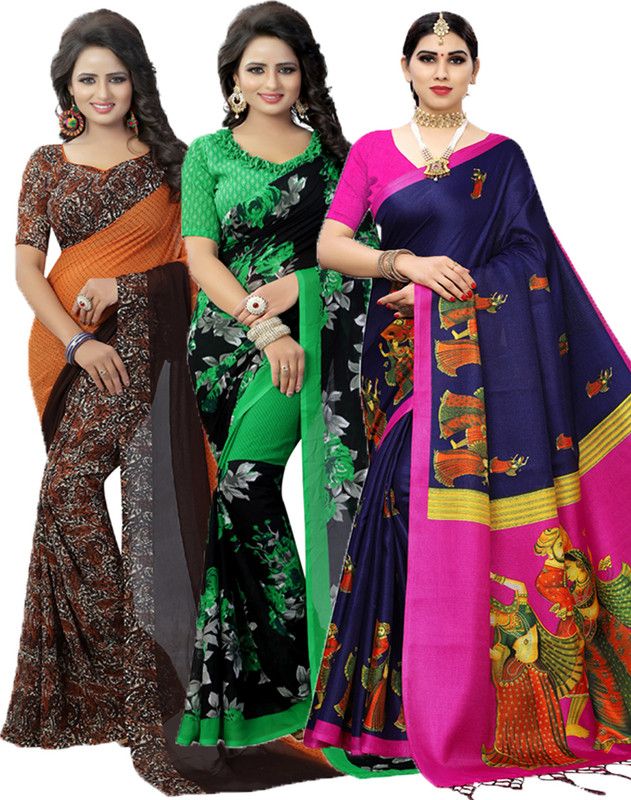 Printed Daily Wear Georgette Saree  (Pack of 3, Orange, Green, Pink)