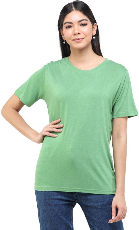 Women Solid Round Neck Viscose Rayon Green T-Shirt