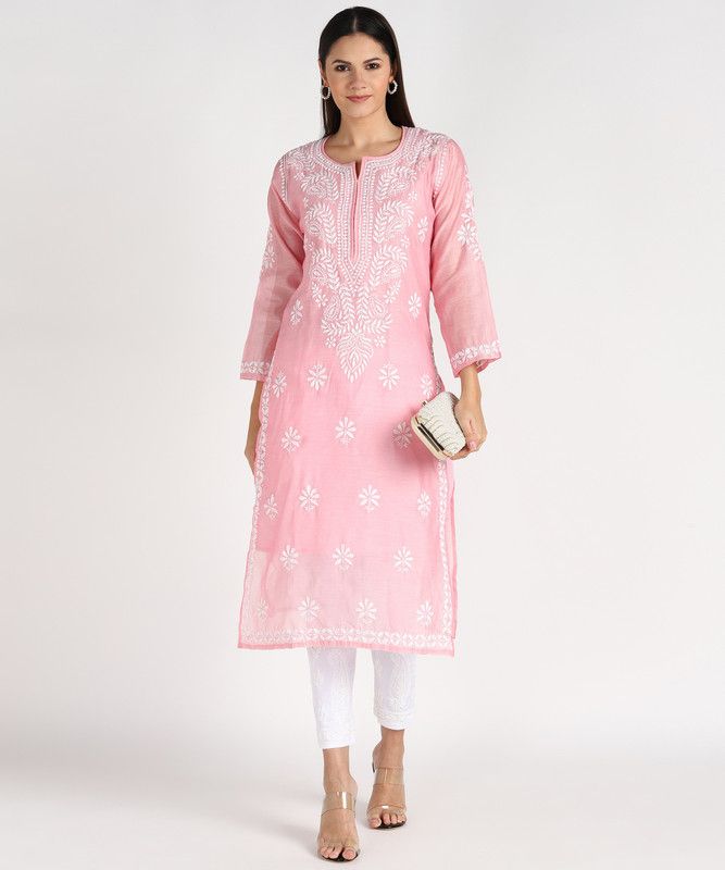 Women Chikan Embroidery Cotton Silk Straight Kurta  (Pink)